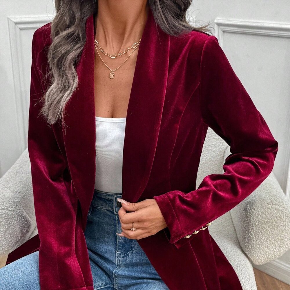 Burgundy Party Women's Elegant Velvet Blazer - Picture 6 of 8